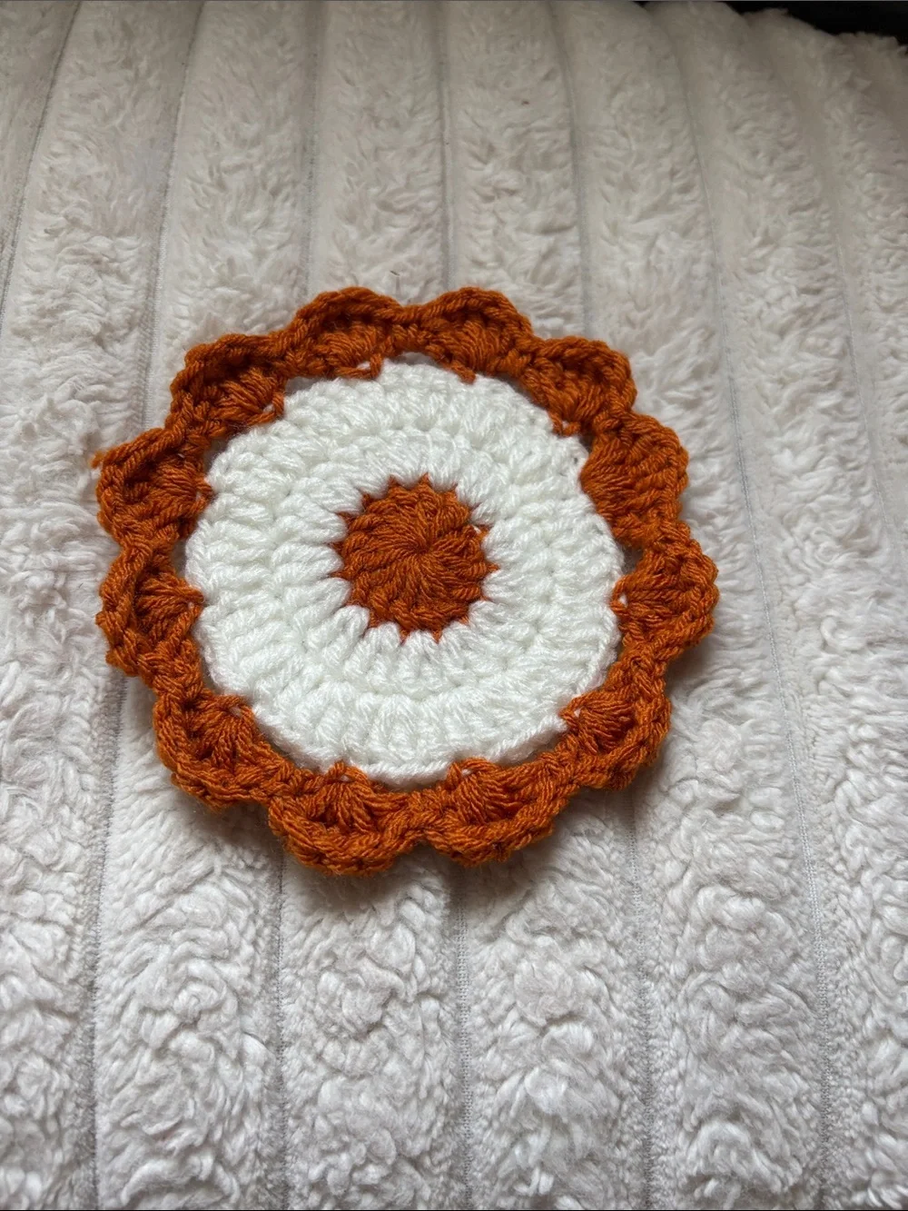 Handmade White and Rust Orange Crochet Coaster